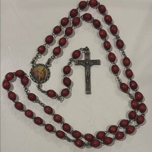 Vintage Jesus Mary Joseph Red Beaded Rosary Necklace Italy